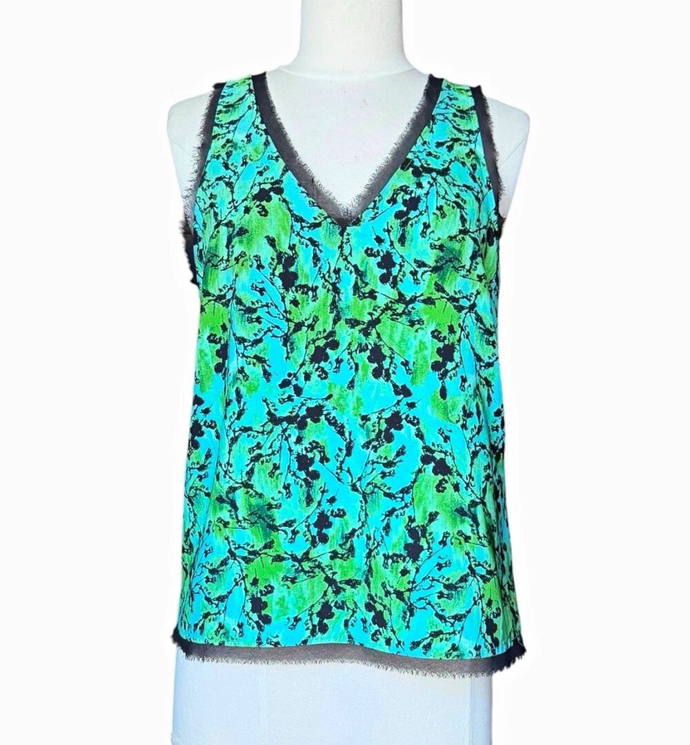Halogen Abstract Print Sleeveless V-neck Top Green Aqua Black Eyelash Trim XS